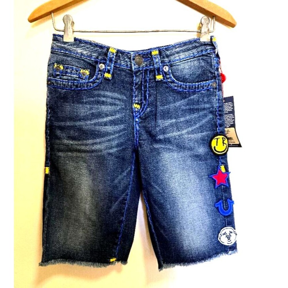 True Religion Denim Shorts Kid Boys Size 12 Geno Cut Off Embroidered Ber…